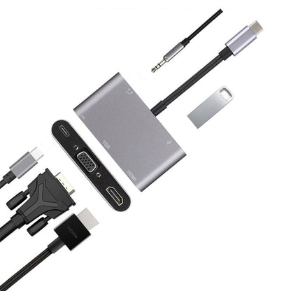 5 in 1 Type-C To HDMI + VGA + USB 3.0 + Audio Port + PD Port HUB Adapter(Grey) by buy2fix