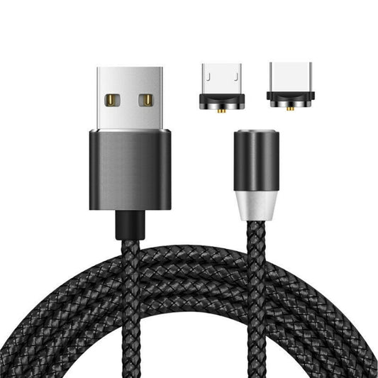 2 in 1 USB to Micro USB + USB-C / Type-C Magnetic Metal Connector Nylon Two-color Braided Magnetic Data Cable, Cable Length: 1m(Black) - Charging Cable & Head by buy2fix | Online Shopping UK | buy2fix