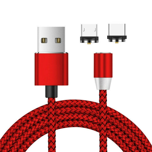 2 in 1 USB to Micro USB + USB-C / Type-C Magnetic Metal Connector Nylon Two-color Braided Magnetic Data Cable, Cable Length: 1m(Red) - Charging Cable & Head by buy2fix | Online Shopping UK | buy2fix