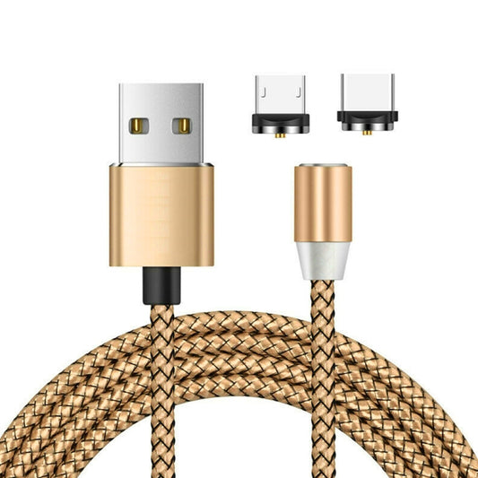 2 in 1 USB to Micro USB + USB-C / Type-C Magnetic Metal Connector Nylon Two-color Braided Magnetic Data Cable, Cable Length: 1m(Gold) - Charging Cable & Head by buy2fix | Online Shopping UK | buy2fix
