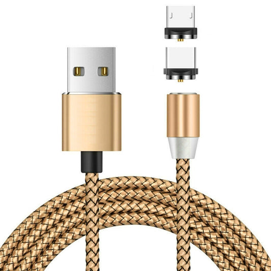 2 in 1 USB to Micro USB + USB-C / Type-C Magnetic Metal Connector Nylon Two-color Braided Magnetic Data Cable, Cable Length: 1m(Gold) - Charging Cable & Head by buy2fix | Online Shopping UK | buy2fix