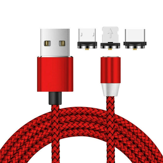 3 in 1 USB to 8 Pin + Type-C/USB-C + Micro USB Magnetic Metal Interface Nylon Braided Charging Cable, Length: 1m(Red) - Charging Cable & Head by buy2fix | Online Shopping UK | buy2fix
