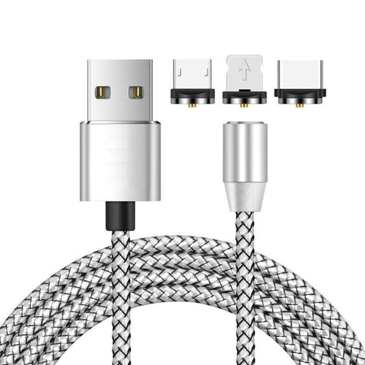 3 in 1 USB to 8 Pin + Type-C/USB-C + Micro USB Magnetic Metal Interface Nylon Braided Charging Cable, Length: 1m(Silvery) - Charging Cable & Head by buy2fix | Online Shopping UK | buy2fix