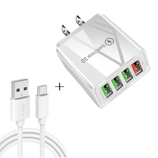 2 in 1 USB to USB-C / Type-C Data Cable + 30W QC 3.0 4 USB Interfaces Mobile Phone Tablet PC Universal Quick Charger Travel Charger Set, US Plug(White) - USB Charger by buy2fix | Online Shopping UK | buy2fix