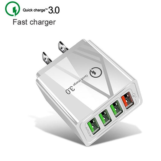 2 in 1 USB to USB-C / Type-C Data Cable + 30W QC 3.0 4 USB Interfaces Mobile Phone Tablet PC Universal Quick Charger Travel Charger Set, US Plug(White) - USB Charger by buy2fix | Online Shopping UK | buy2fix
