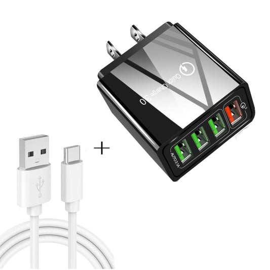 2 in 1 USB to USB-C / Type-C Data Cable + 30W QC 3.0 4 USB Interfaces Mobile Phone Tablet PC Universal Quick Charger Travel Charger Set, US Plug(Black) - USB Charger by buy2fix | Online Shopping UK | buy2fix