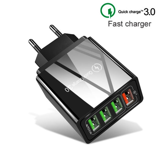 2 in 1 USB to USB-C / Type-C Data Cable + 30W QC 3.0 4 USB Interfaces Mobile Phone Tablet PC Universal Quick Charger Travel Charger Set, EU Plug(Black) - USB Charger by buy2fix | Online Shopping UK | buy2fix
