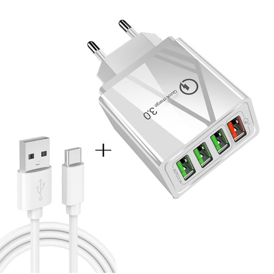 2 in 1 USB to USB-C / Type-C Data Cable + 30W QC 3.0 4 USB Interfaces Mobile Phone Tablet PC Universal Quick Charger Travel Charger Set, EU Plug(White) - USB Charger by buy2fix | Online Shopping UK | buy2fix
