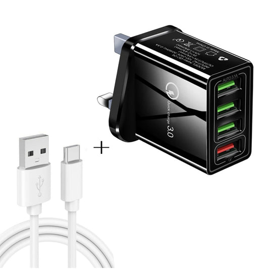 2 in 1 1m USB to USB-C / Type-C Data Cable + 30W QC 3.0 4 USB Interfaces Mobile Phone Tablet PC Universal Quick Charger Travel Charger Set, UK Plug(Black) - USB Charger by buy2fix | Online Shopping UK | buy2fix