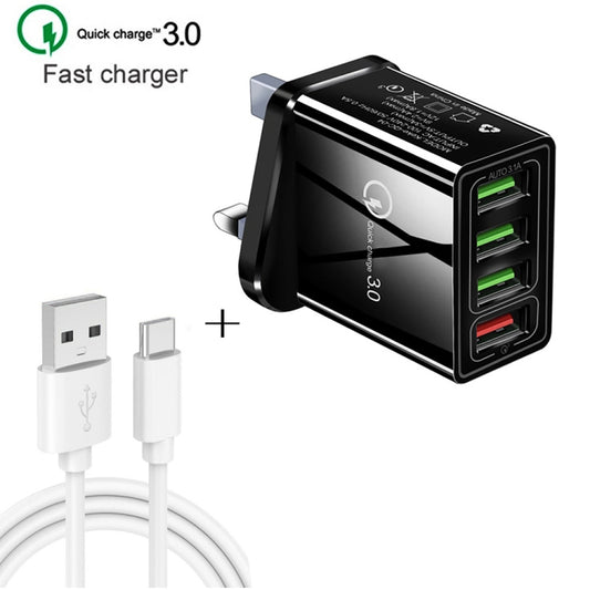 2 in 1 1m USB to USB-C / Type-C Data Cable + 30W QC 3.0 4 USB Interfaces Mobile Phone Tablet PC Universal Quick Charger Travel Charger Set, UK Plug(Black) - USB Charger by buy2fix | Online Shopping UK | buy2fix