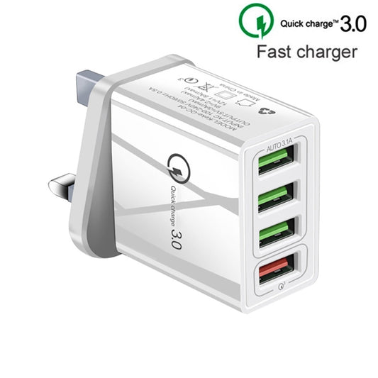 2 in 1 1m USB to USB-C / Type-C Data Cable + 30W QC 3.0 4 USB Interfaces Mobile Phone Tablet PC Universal Quick Charger Travel Charger Set, UK Plug(White) - USB Charger by buy2fix | Online Shopping UK | buy2fix