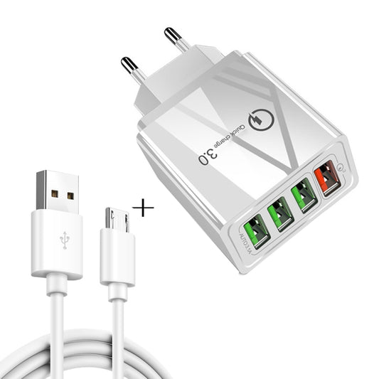 2 in 1 1m USB to Micro USB Data Cable + 30W QC 3.0 4 USB Interfaces Mobile Phone Tablet PC Universal Quick Charger Travel Charger Set, EU Plug(White) - USB Charger by buy2fix | Online Shopping UK | buy2fix