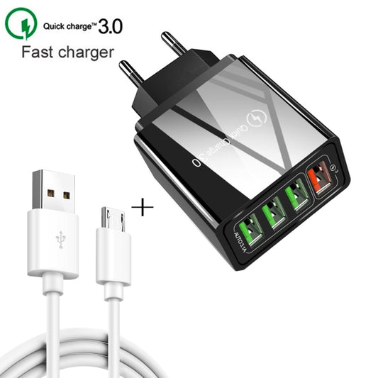 2 in 1 1m USB to Micro USB Data Cable + 30W QC 3.0 4 USB Interfaces Mobile Phone Tablet PC Universal Quick Charger Travel Charger Set, EU Plug(White) - USB Charger by buy2fix | Online Shopping UK | buy2fix