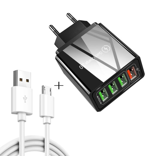2 in 1 1m USB to Micro USB Data Cable + 30W QC 3.0 4 USB Interfaces Mobile Phone Tablet PC Universal Quick Charger Travel Charger Set, EU Plug(Black) - USB Charger by buy2fix | Online Shopping UK | buy2fix
