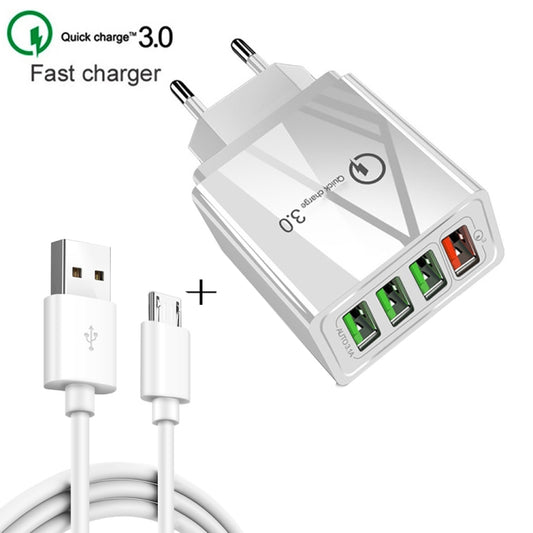 2 in 1 1m USB to Micro USB Data Cable + 30W QC 3.0 4 USB Interfaces Mobile Phone Tablet PC Universal Quick Charger Travel Charger Set, EU Plug(Black) - USB Charger by buy2fix | Online Shopping UK | buy2fix