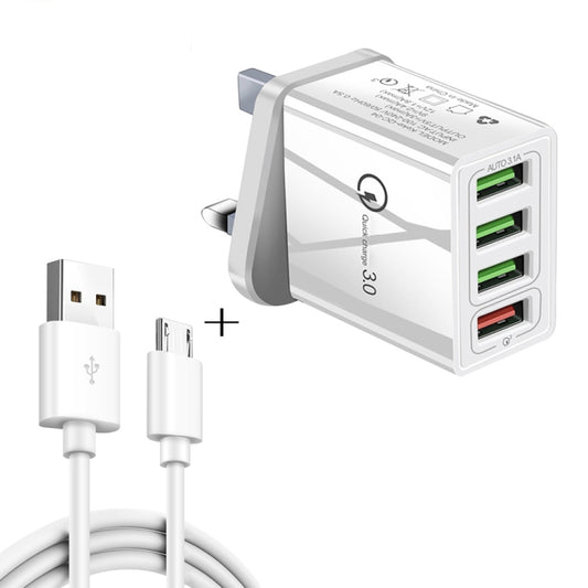 2 in 1 1m USB to Micro USB Data Cable + 30W QC 3.0 4 USB Interfaces Mobile Phone Tablet PC Universal Quick Charger Travel Charger Set, UK Plug(White) - USB Charger by buy2fix | Online Shopping UK | buy2fix