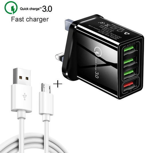 2 in 1 1m USB to Micro USB Data Cable + 30W QC 3.0 4 USB Interfaces Mobile Phone Tablet PC Universal Quick Charger Travel Charger Set, UK Plug(White) - USB Charger by buy2fix | Online Shopping UK | buy2fix