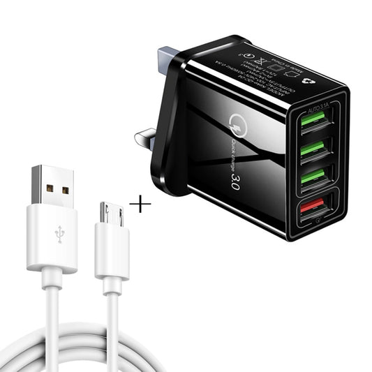 2 in 1 1m USB to Micro USB Data Cable + 30W QC 3.0 4 USB Interfaces Mobile Phone Tablet PC Universal Quick Charger Travel Charger Set, UK Plug(Black) - USB Charger by buy2fix | Online Shopping UK | buy2fix