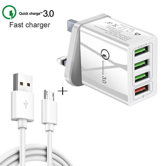 2 in 1 1m USB to Micro USB Data Cable + 30W QC 3.0 4 USB Interfaces Mobile Phone Tablet PC Universal Quick Charger Travel Charger Set, UK Plug(Black) - USB Charger by buy2fix | Online Shopping UK | buy2fix
