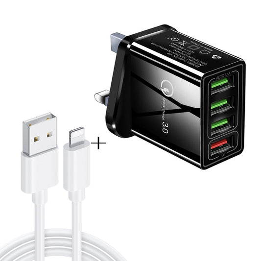 2 in 1 1m USB to 8 Pin Data Cable + 30W QC 3.0 4 USB Interfaces Mobile Phone Tablet PC Universal Quick Charger Travel Charger Set, UK Plug(Black) - USB Charger by buy2fix | Online Shopping UK | buy2fix