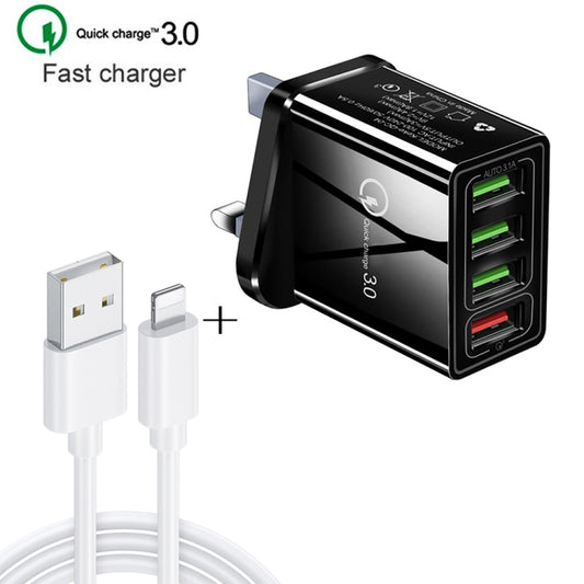 2 in 1 1m USB to 8 Pin Data Cable + 30W QC 3.0 4 USB Interfaces Mobile Phone Tablet PC Universal Quick Charger Travel Charger Set, UK Plug(Black) - USB Charger by buy2fix | Online Shopping UK | buy2fix