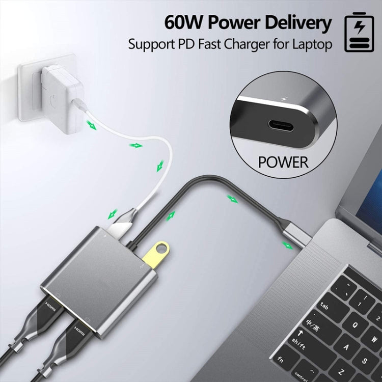 ZS-SG4T1HD2 4-in-1 Type-C to Dual HDMI + USB 3.0 Port + Type-C PD Charging Port Multi-functional HD Dock Adapter(Grey) by buy2fix