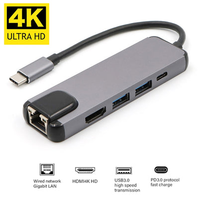 USB-C/Type-C to HD 4K HDMI + RJ45 + USB 3.0 + USB 2.0 + PD 5 in 1 HUB Converter by buy2fix