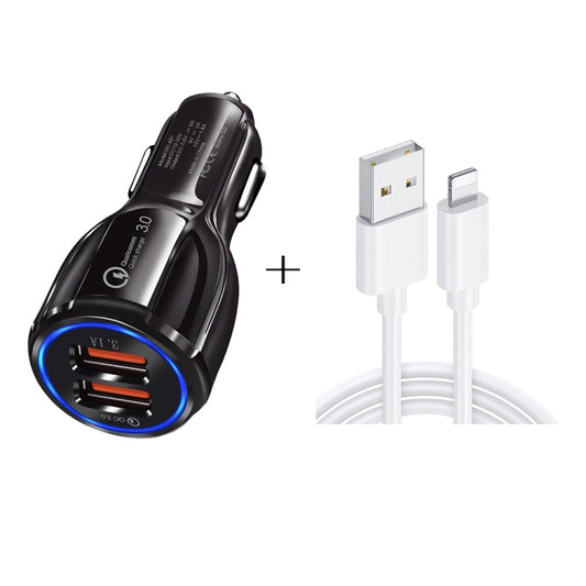 Qc3.0 Dual USB Car Charger + 8 Pin Fast Charging Line Car Charging Kit(Black) - Car Charger by buy2fix | Online Shopping UK | buy2fix