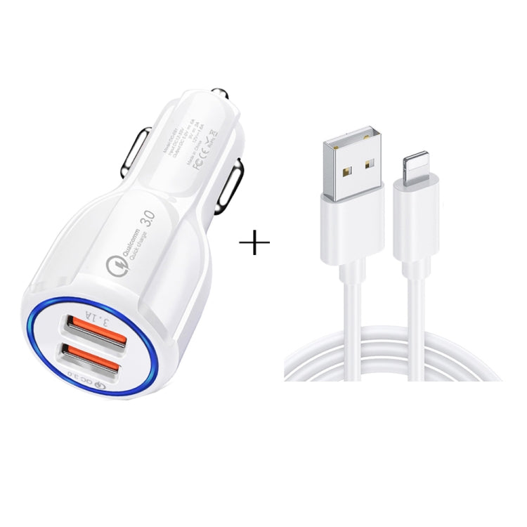 Qc3.0 Dual USB Car Charger + 8 Pin Fast Charging Line Car Charging Kit(White) - Car Charger by buy2fix | Online Shopping UK | buy2fix