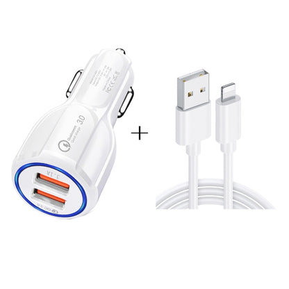 Qc3.0 Dual USB Car Charger + 8 Pin Fast Charging Line Car Charging Kit(White) - Car Charger by buy2fix | Online Shopping UK | buy2fix