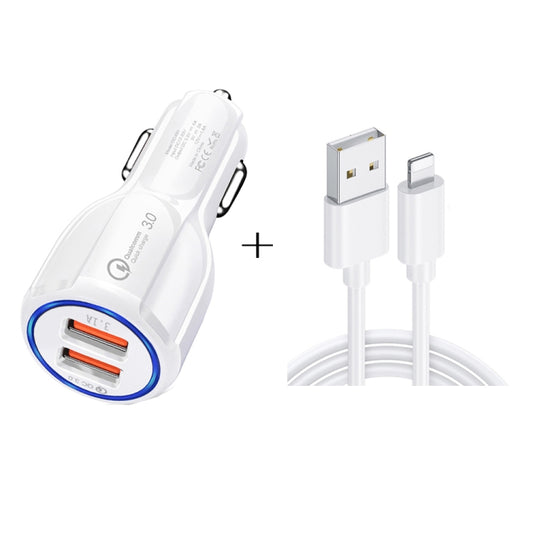 Qc3.0 Dual USB Car Charger + 8 Pin Fast Charging Line Car Charging Kit(White) - Car Charger by buy2fix | Online Shopping UK | buy2fix