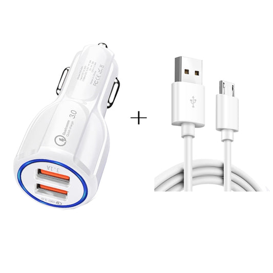 Qc3.0 Dual USB Car Charger + Micro USB Fast Charging Cable Car Charging Kit(White) - Car Charger by buy2fix | Online Shopping UK | buy2fix