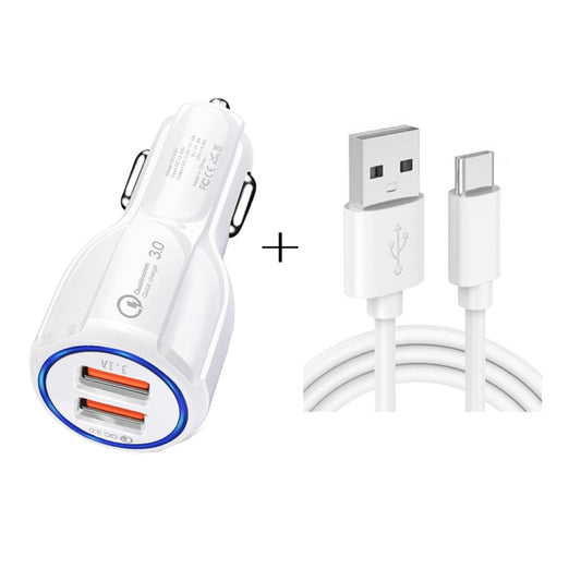 LZ-681 QC3.0 Dual USB Car Charging + Type-C Fast Charging Cable Car Charging Kit(White) - Car Charger by buy2fix | Online Shopping UK | buy2fix