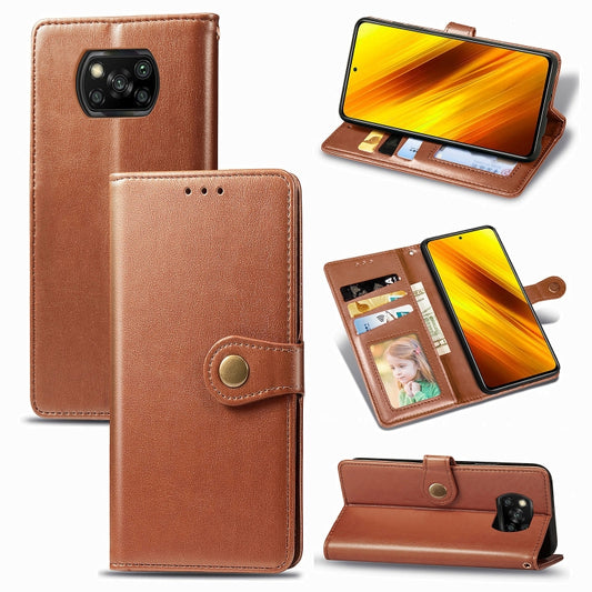 For  Xiaomi Poco X3 NFC Retro Solid Color Leather Buckle Phone Case with Lanyard & Photo Frame & Card Slot & Wallet & Stand Function(Brown) - Xiaomi Cases by buy2fix | Online Shopping UK | buy2fix
