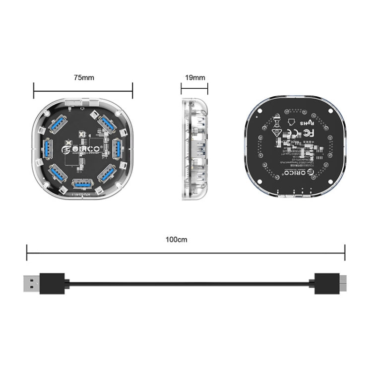ORICO H7U-U3 7 Port USB3.0 Transparent HUB - USB 3.0 HUB by ORICO | Online Shopping UK | buy2fix
