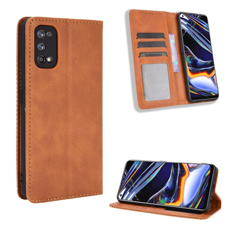 For OPPO Realme 7 Pro Magnetic Buckle Retro Crazy Horse Texture Horizontal Flip Leather Case  , with Holder & Card Slots & Photo Frame(Brown) - Realme Cases by buy2fix | Online Shopping UK | buy2fix
