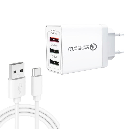 SDC-30W 2 in 1 USB to USB-C / Type-C Data Cable + 30W QC 3.0 USB + 2.4A Dual USB 2.0 Ports Mobile Phone Tablet PC Universal Quick Charger Travel Charger Set, EU Plug - USB Charger by buy2fix | Online Shopping UK | buy2fix