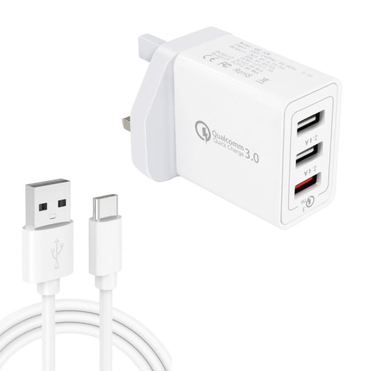 SDC-30W 2 in 1 USB to USB-C / Type-C Data Cable + 30W QC 3.0 USB + 2.4A Dual USB 2.0 Ports Mobile Phone Tablet PC Universal Quick Charger Travel Charger Set, UK Plug - USB Charger by buy2fix | Online Shopping UK | buy2fix