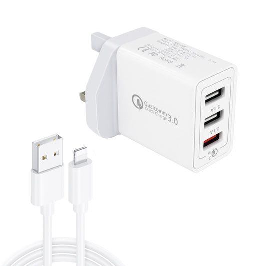 SDC-30W 2 in 1 USB to 8 Pin Data Cable + 30W QC 3.0 USB + 2.4A Dual USB 2.0 Ports Mobile Phone Tablet PC Universal Quick Charger Travel Charger Set,  UK Plug - USB Charger by buy2fix | Online Shopping UK | buy2fix