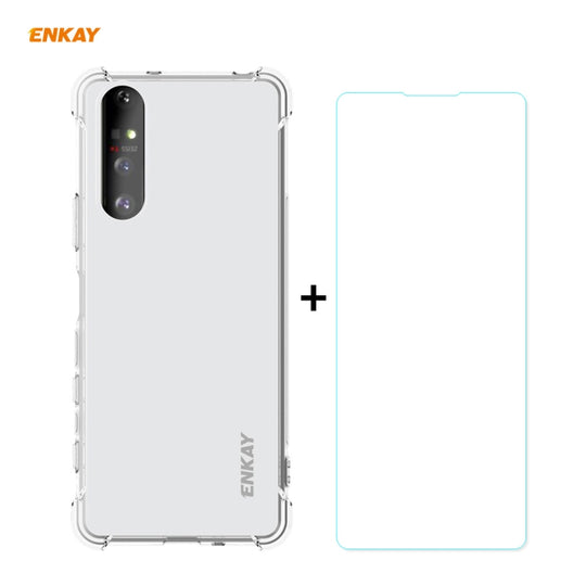 for Sony Xperia 5 II Hat-Prince ENKAY Clear TPU Shockproof Case Soft Anti-slip Cover + 0.26mm 9H 2.5D Tempered Glass Protector Film