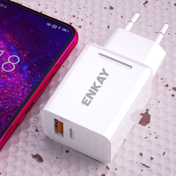 ENKAY Hat-Prince T030 18W 3A PD + QC3.0 Dual USB Fast Charging Power Adapter EU Plug Portable Travel Charger With 1m 3A Type-C Cable - USB Charger by ENKAY | Online Shopping UK | buy2fix