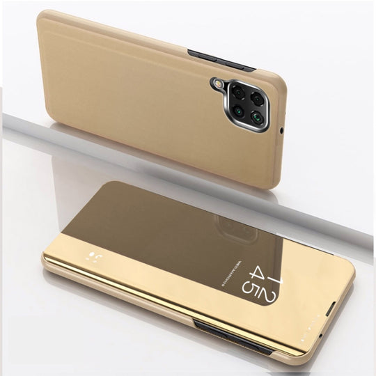 For Samsung Galaxy A12 Plated Mirror Horizontal Flip Leather Case with Holder(Gold)