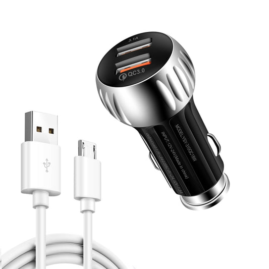 YSY-310QC18W QC3.0 Dual Port USB Car Charger + 3A USB to Micro USB Data Cable, Cable Length: 1m(Black) - Car Charger by buy2fix | Online Shopping UK | buy2fix