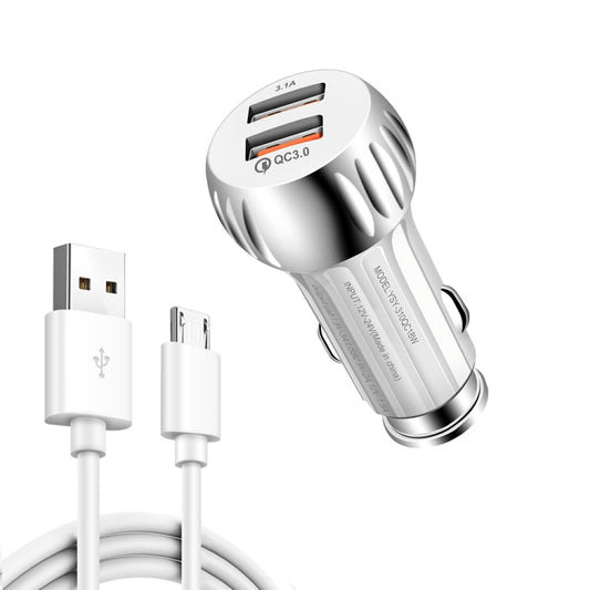 YSY-310QC18W QC3.0 Dual Port USB Car Charger + 3A USB to Micro USB Data Cable, Cable Length: 1m(White) - Car Charger by buy2fix | Online Shopping UK | buy2fix
