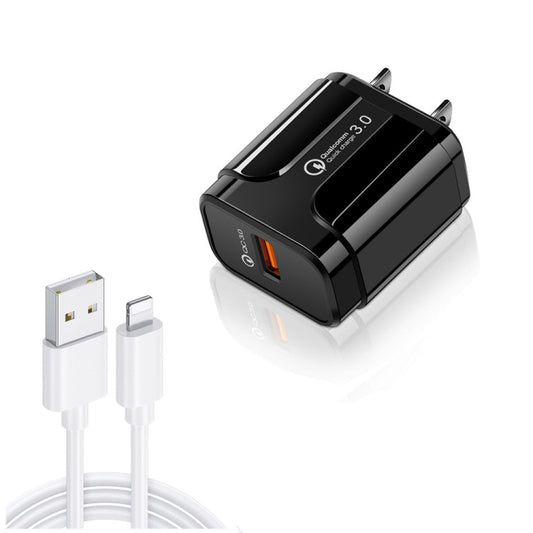 LZ-023 18W QC 3.0 USB Portable Travel Charger + 3A USB to 8 Pin Data Cable, US Plug(Black) - USB Charger by buy2fix | Online Shopping UK | buy2fix