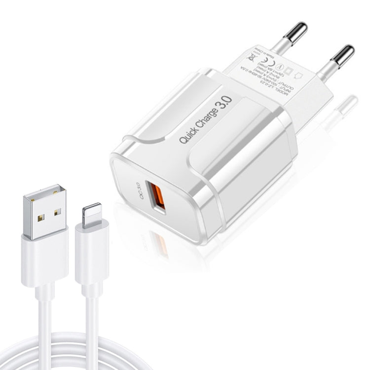 LZ-023 18W QC 3.0 USB Portable Travel Charger + 3A USB to 8 Pin Data Cable, EU Plug(White) - USB Charger by buy2fix | Online Shopping UK | buy2fix