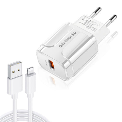LZ-023 18W QC 3.0 USB Portable Travel Charger + 3A USB to 8 Pin Data Cable, EU Plug(White) - USB Charger by buy2fix | Online Shopping UK | buy2fix