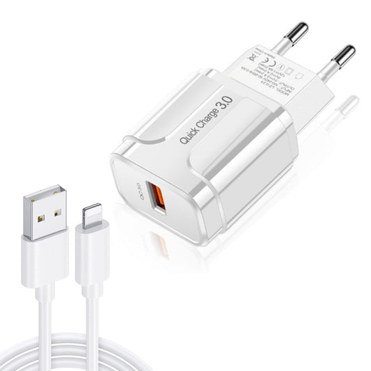 LZ-023 18W QC 3.0 USB Portable Travel Charger + 3A USB to 8 Pin Data Cable, EU Plug(White) - USB Charger by buy2fix | Online Shopping UK | buy2fix