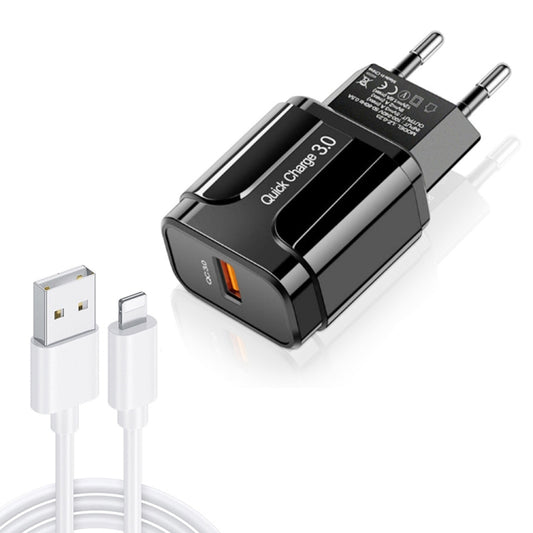 LZ-023 18W QC 3.0 USB Portable Travel Charger + 3A USB to 8 Pin Data Cable, EU Plug(Black) - USB Charger by buy2fix | Online Shopping UK | buy2fix