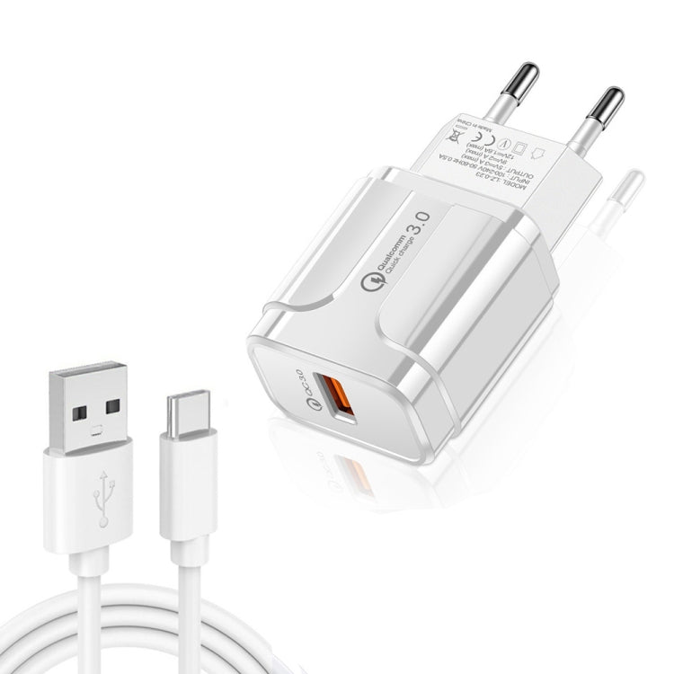 LZ-023 18W QC 3.0 USB Portable Travel Charger + 3A USB to Type-C Data Cable, EU Plug(White) - USB Charger by buy2fix | Online Shopping UK | buy2fix